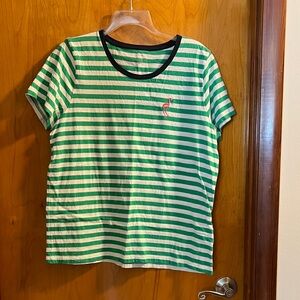 J. Crew Green and White Striped Tee with Flamingo